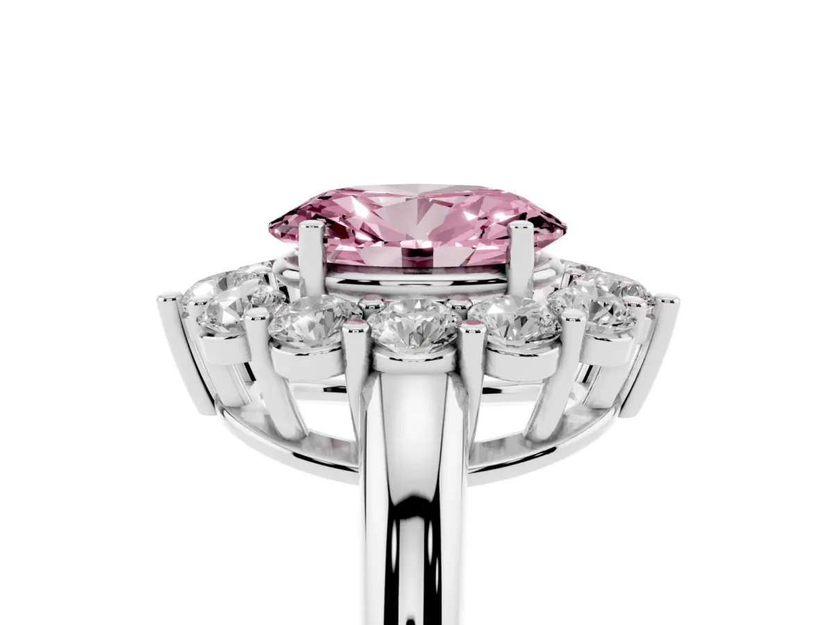 Fancy Pink Oval Cut Halo Cluster Diamond Engagement Ring with Prong Setting and Polished Band Platinum