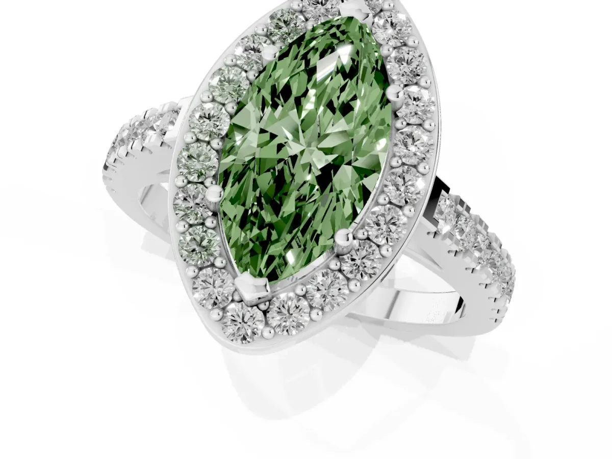 Fancy Green Marquise Cut Diamond Halo Ring with Round Pavé Split Shank and Prong Setting Silver