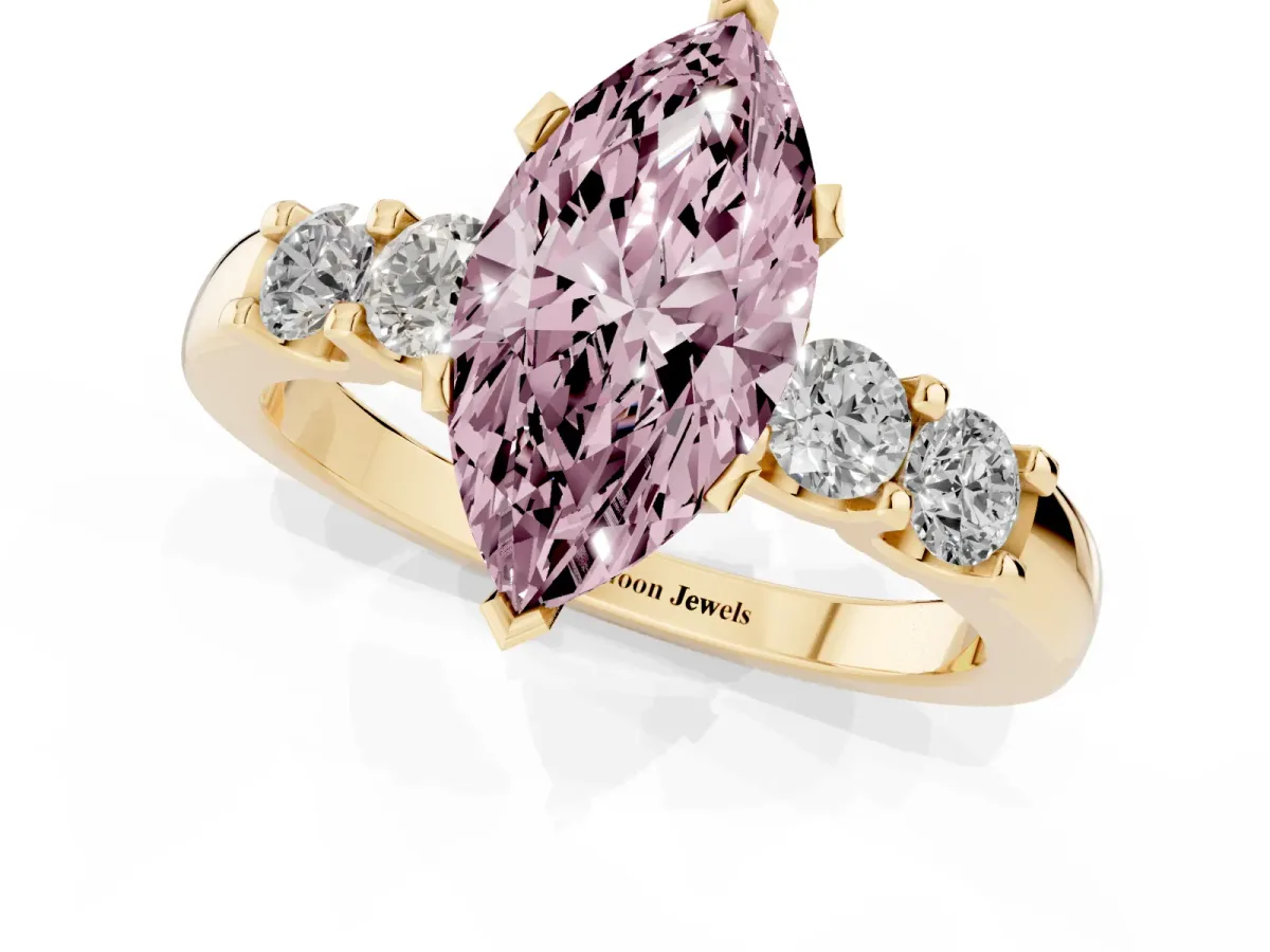 Fancy Pink Marquise Cut Brilliant Cut Diamond Five-Stone Prong Set Engagement Ring with Channel Band Yellow gold