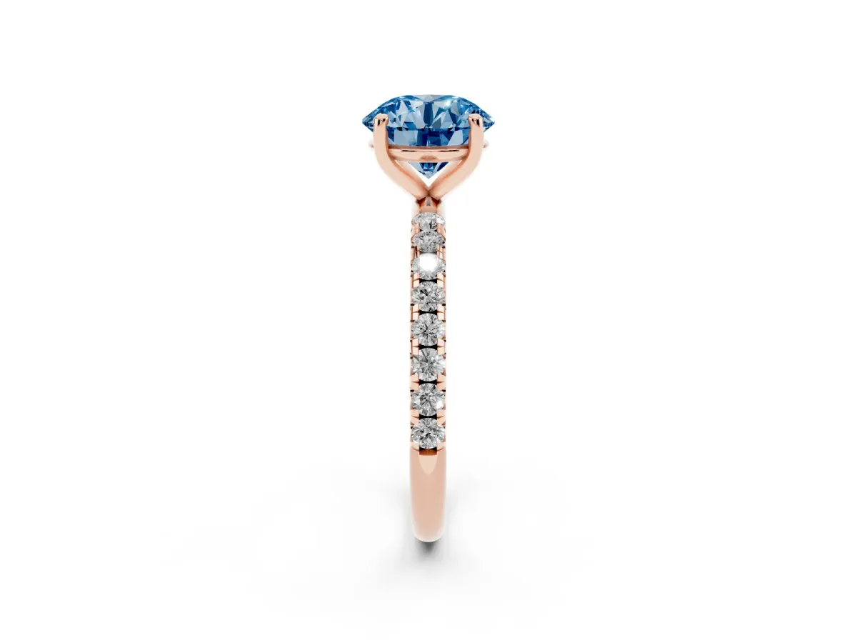 Fancy Blue Round Cut Cut Diamond Solitaire Ring with Micro Pave Band and Four Prong Setting Rose gold