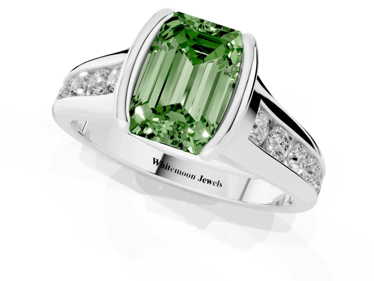 Fancy Green Emerald Cut Solitaire Bezel-Set Diamond Ring with Channel-Set Band Platinum