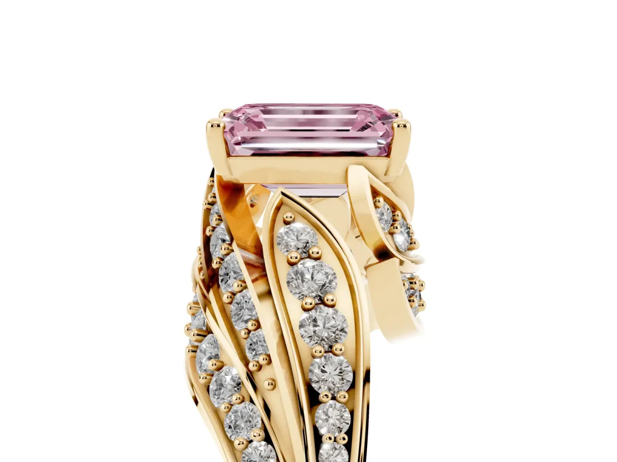 Fancy Pink Emerald Cut Diamond Solitaire Ring with Prong Setting and Twisted Pavé Band Yellow gold