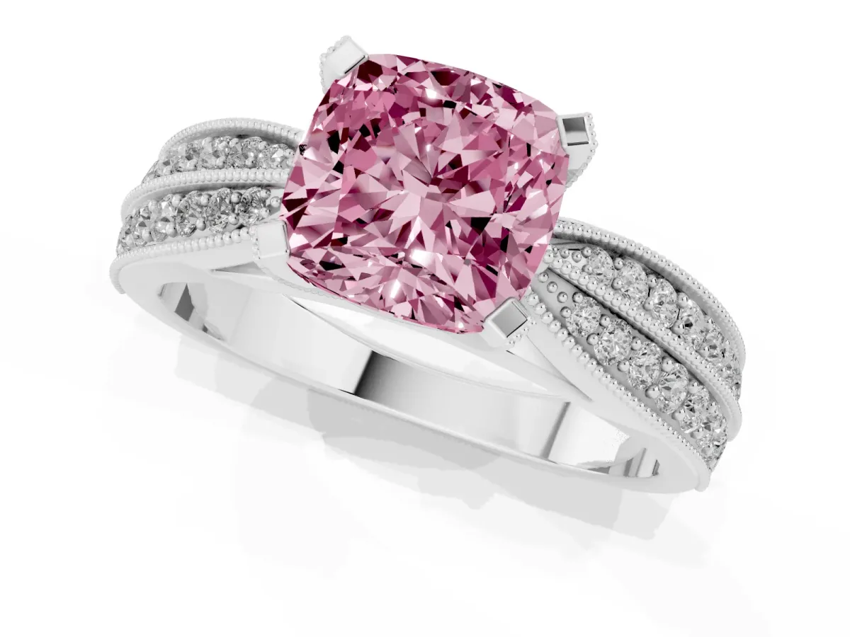 Fancy Pink Cushion Cut Diamond Solitaire Ring with Milgrain Round Pavé Band and Prong Setting Silver