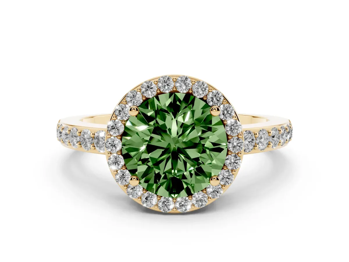 Fancy Green Round Cut Halo Diamond Pavé Band Ring with Prong Setting Yellow gold
