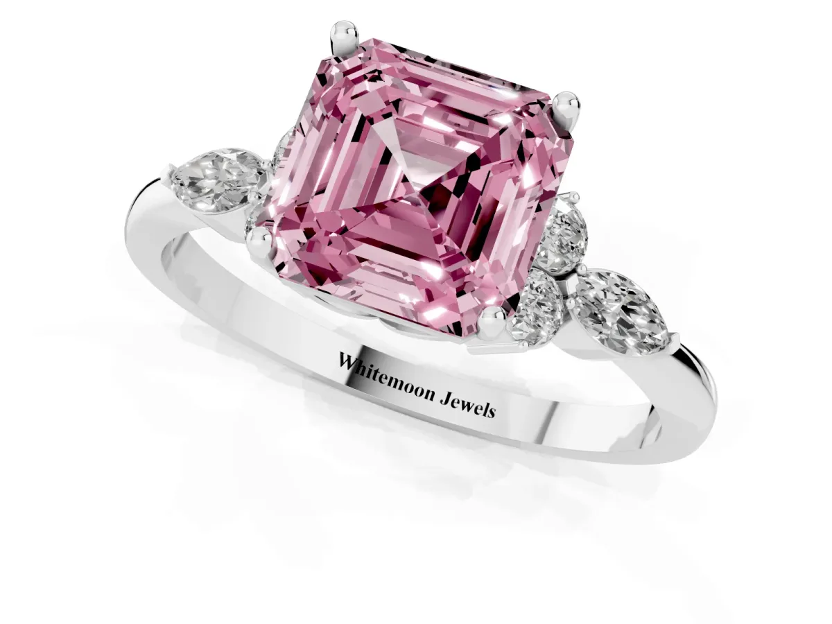 Fancy Pink Asscher Cut Brilliant Diamond Solitaire Ring with Pear Side Stones and Four-Prong Setting Platinum