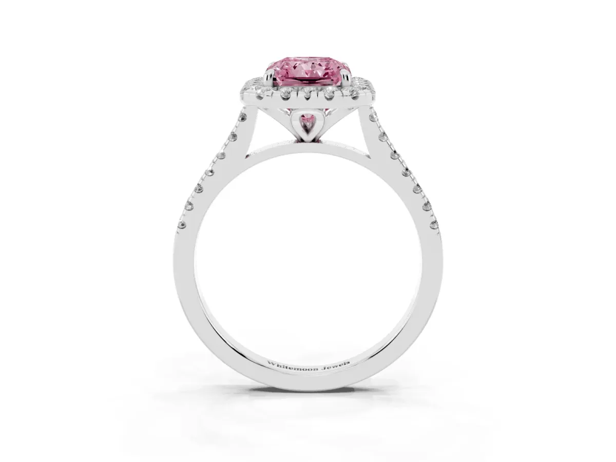 Fancy Pink Radiant Cut Diamond Cushion Halo Ring with Pavé Band White gold