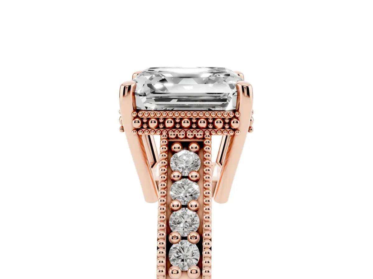 Asscher Cut Solitaire Pavé Diamond Milgrain Engagement Ring with Four-Prong Setting Rose gold
