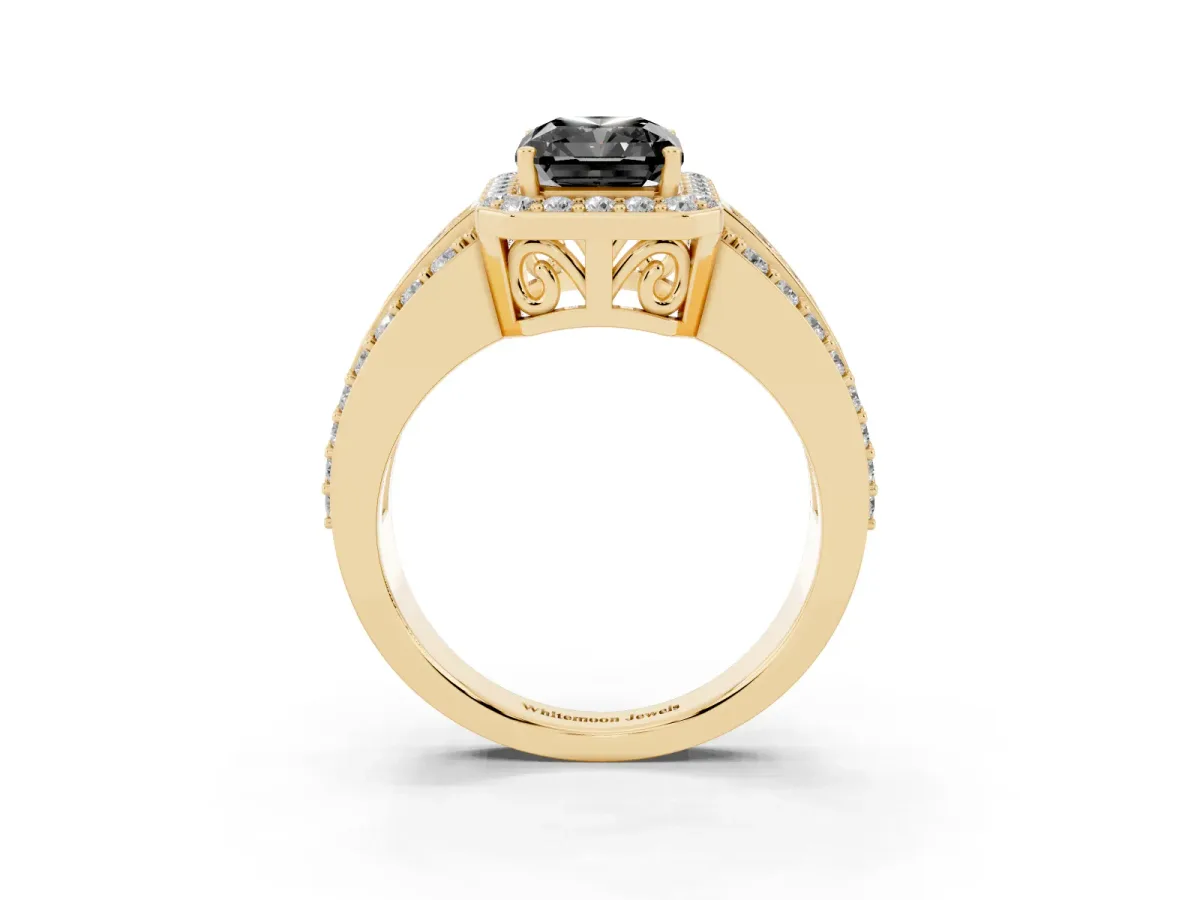 Fancy Black Radiant Cut Halo Diamond Ring with Round Split Shank and Prong Setting Yellow gold