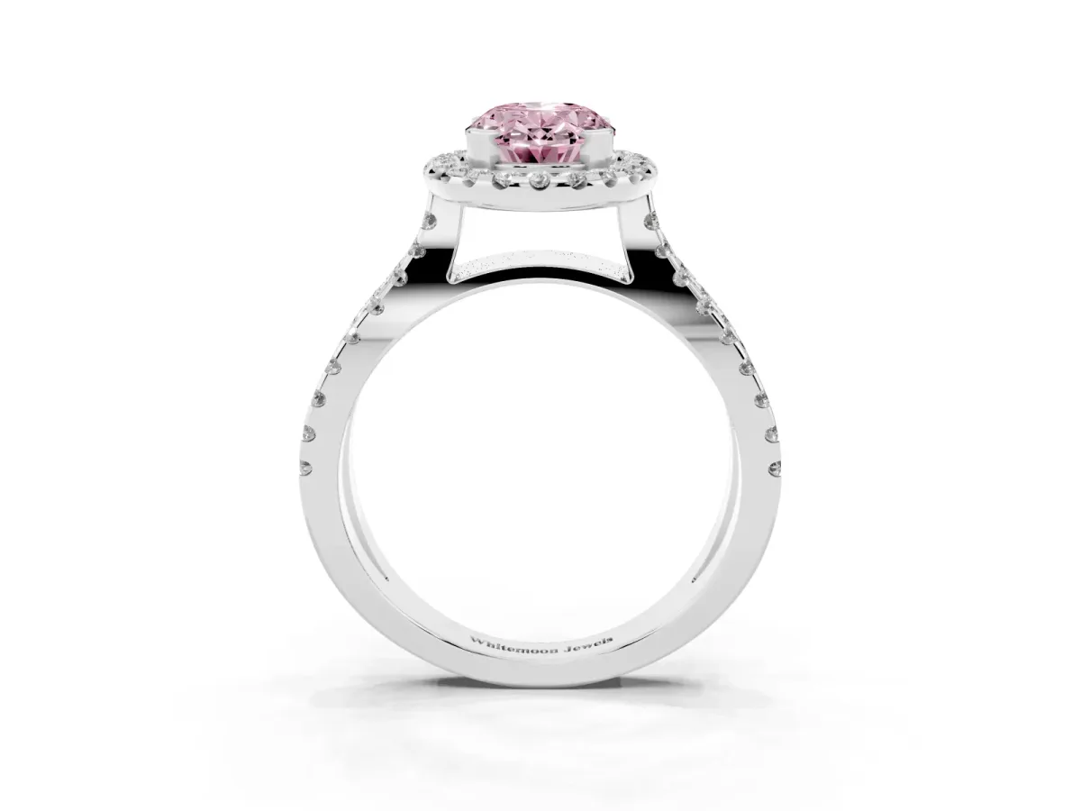 Fancy Pink Oval Cut Diamond Halo Ring with Split Shank Pavé Band and Prong Setting Silver