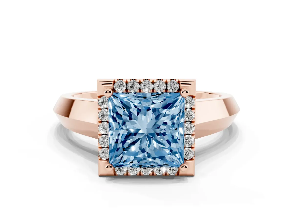 Fancy Blue Princess Cut Halo Diamond Ring with Cathedral Band and Four-Prong Setting Rose gold