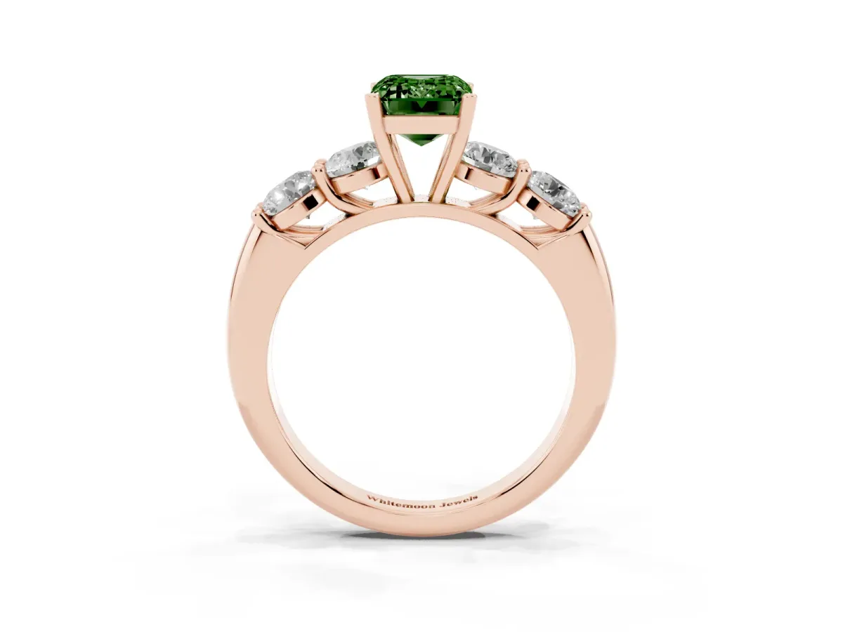 Fancy Green Emerald Cut Cut Five-Stone Prong Set Diamond Ring with Classic Band Rose gold