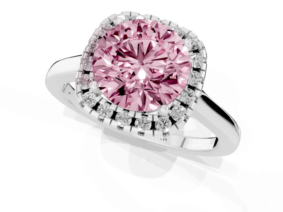 Fancy Pink Round Cut Halo Round Diamond Solitaire Ring with Pavé Band and Four-Prong Setting Silver