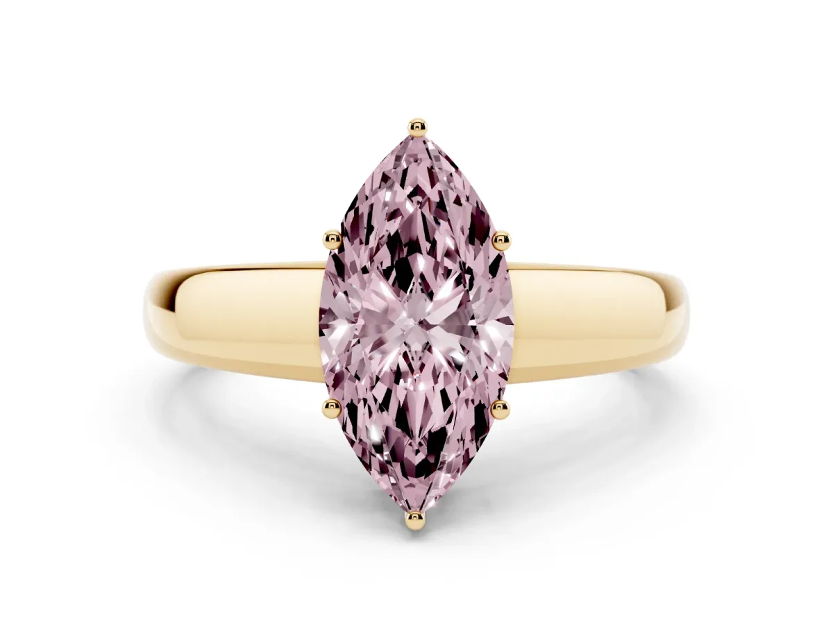Fancy Pink Marquise Cut Solitaire Diamond Ring with Tapered Band and Four-Prong Setting Yellow gold