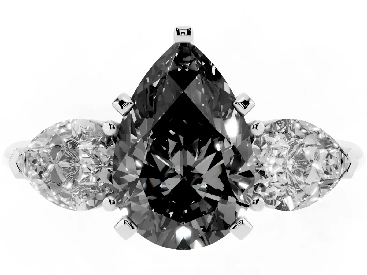 Fancy Black Three-Stone Pear Cut Diamond Ring with Pear Side Stones and Four-Prong Setting Platinum