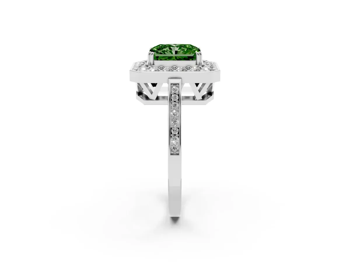 Fancy Green Radiant Cut Diamond Halo Ring with Split Shank and Four-Prong Setting Silver