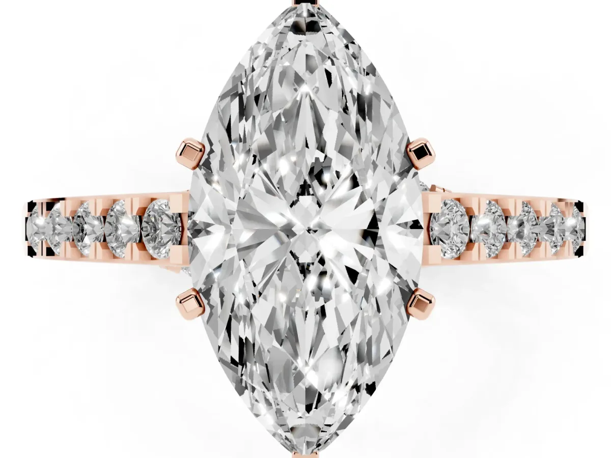 Marquise Cut Diamond Solitaire Ring with Crossover Gallery and Round Pavé Band Rose gold