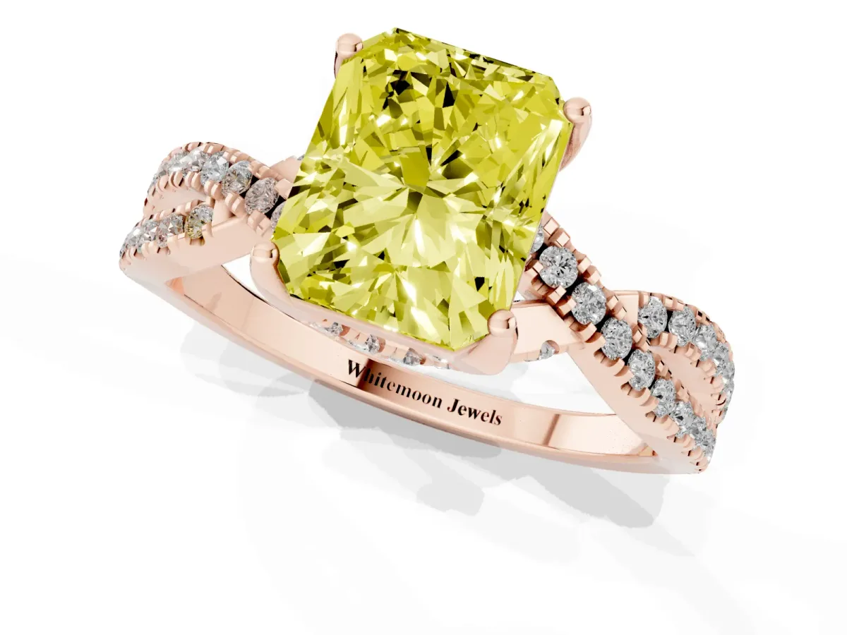 Fancy Yellow Radiant Cut Solitaire Twist Pave Diamond Engagement Ring with Prong Setting Rose gold