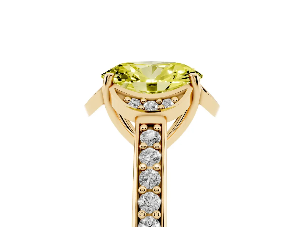 Fancy Yellow Oval Cut Cut Halo Diamond Ring with Channel Set Band and Four-Prong Setting Yellow gold