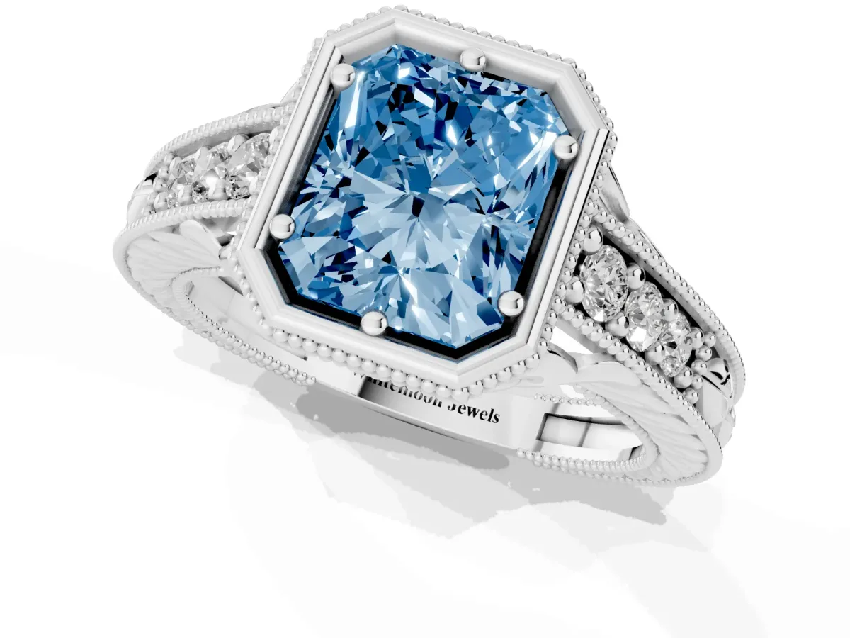 Fancy Blue Bezel Set Radiant Cut Diamond Milgrain Pave Engagement Ring Silver