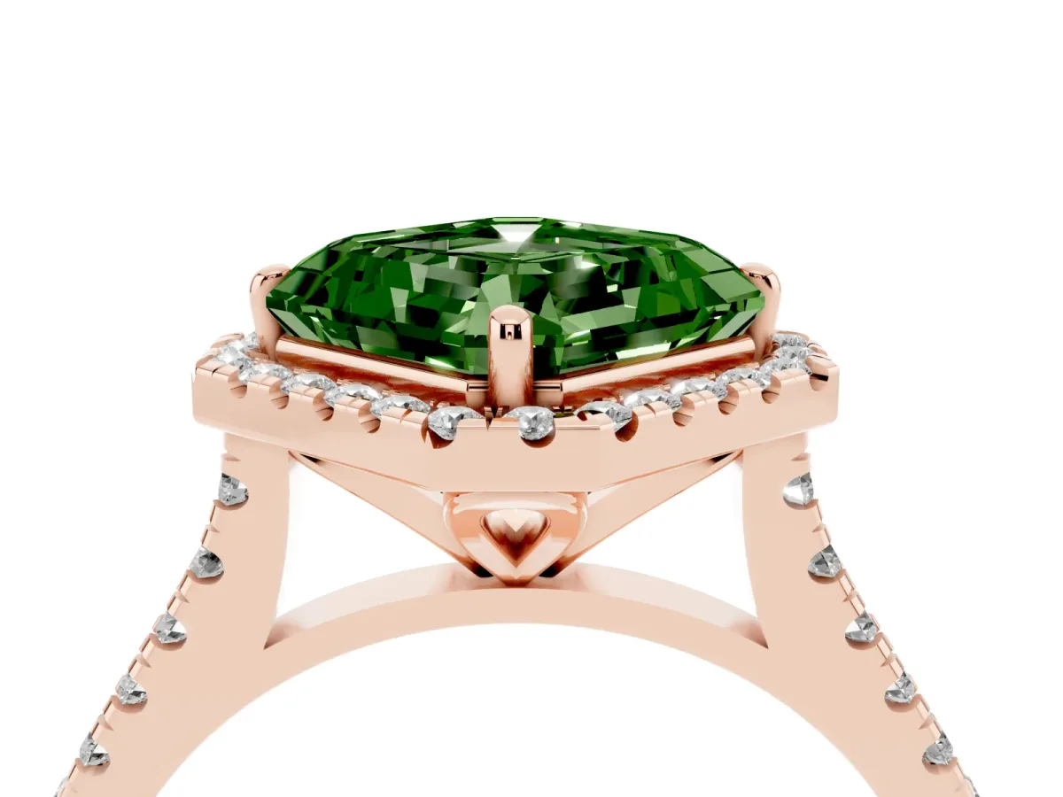 Fancy Green Asscher Cut Diamond Cushion Halo Ring with Pavé Band Rose gold
