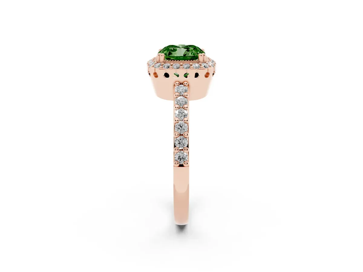 Fancy Green Cushion Cut Cut Diamond Halo Engagement Ring with Milgrain Detail and Pavé Band Rose gold