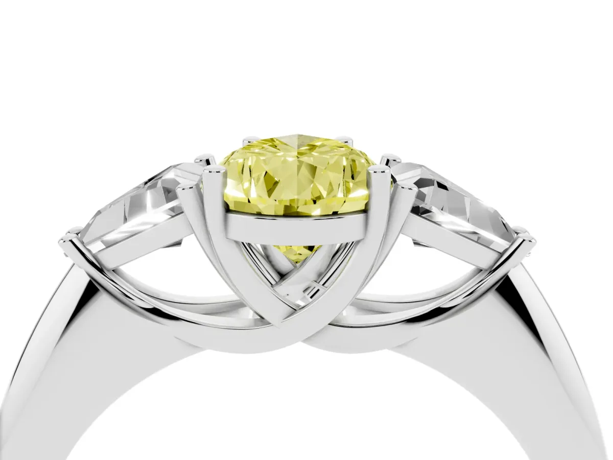 Fancy Yellow Three-Stone Pear Cut Diamond Engagement Ring with Trillion Side Stones and Prong Setting Silver