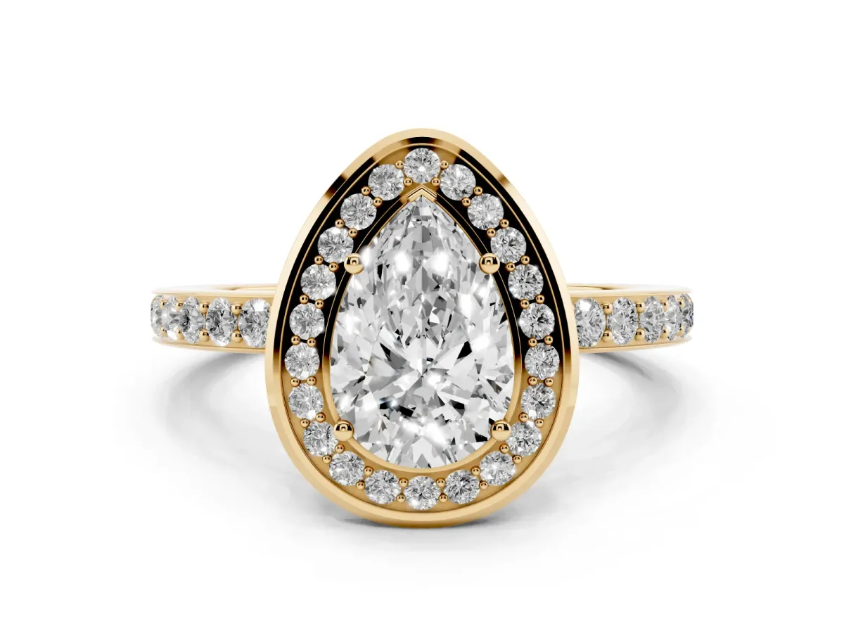 Pear Cut Diamond Halo Ring with Bezel Frame and Pavé Band Yellow gold