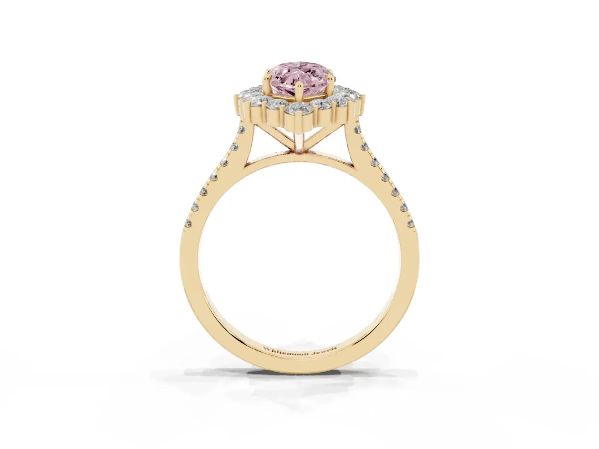 Fancy Pink Marquise Cut Halo Diamond Ring with Pavé Band and Prong Setting Yellow gold