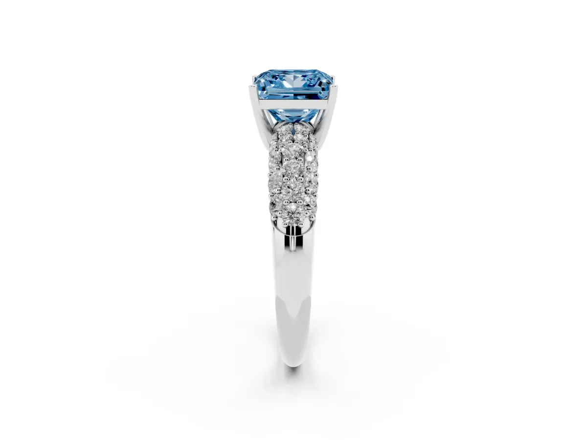 Fancy Blue Princess Cut Diamond Pavé Band Solitaire Ring with Four-Prong Setting Silver
