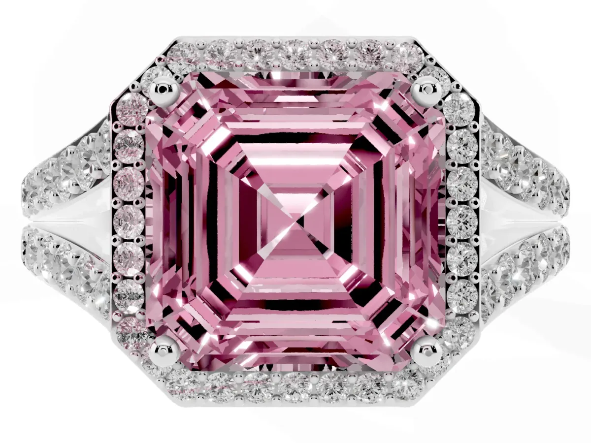 Fancy Pink Asscher Cut Diamond Split Shank Halo Ring with Four-Prong Setting Silver