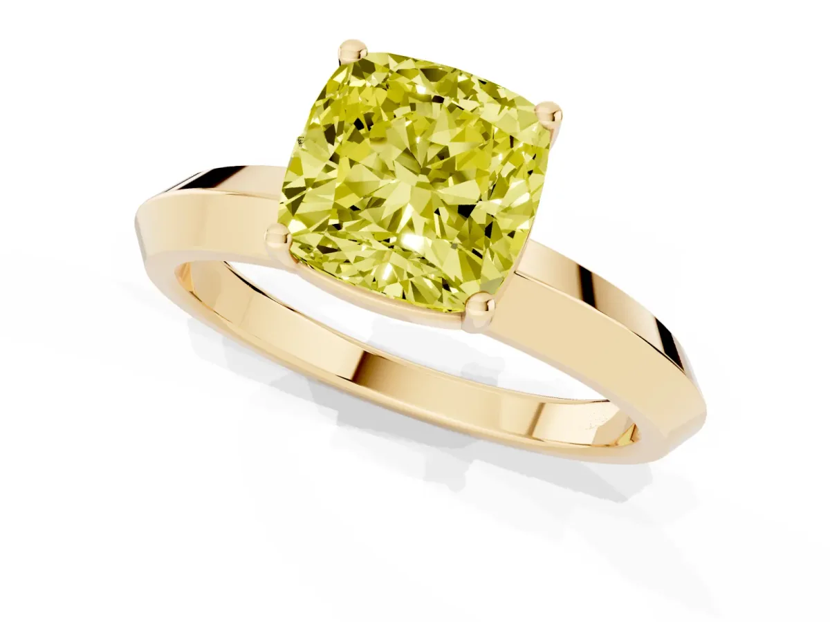 Fancy Yellow Cushion Cut Cut Solitaire Engagement Ring with Flat Band and Four-Prong Setting Yellow gold
