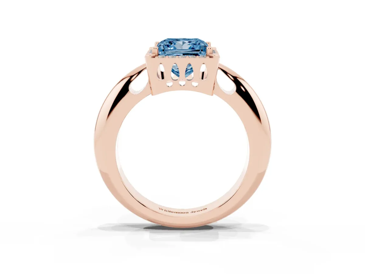 Fancy Blue Princess Cut Cut Diamond Halo Engagement Ring with Split Shank and Four-Prong Setting Rose gold