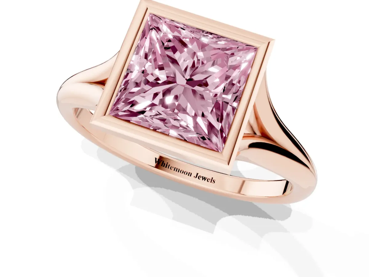 Fancy Pink Bezel Set Princess Cut Cut Solitaire Ring with Tapered Band Rose gold