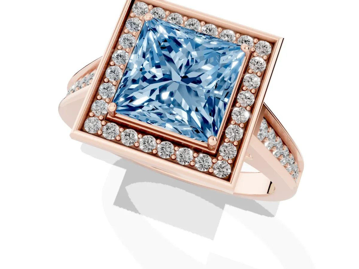 Fancy Blue Princess Cut Halo Solitaire Diamond Ring with Pave Band and Bezel Setting Rose gold