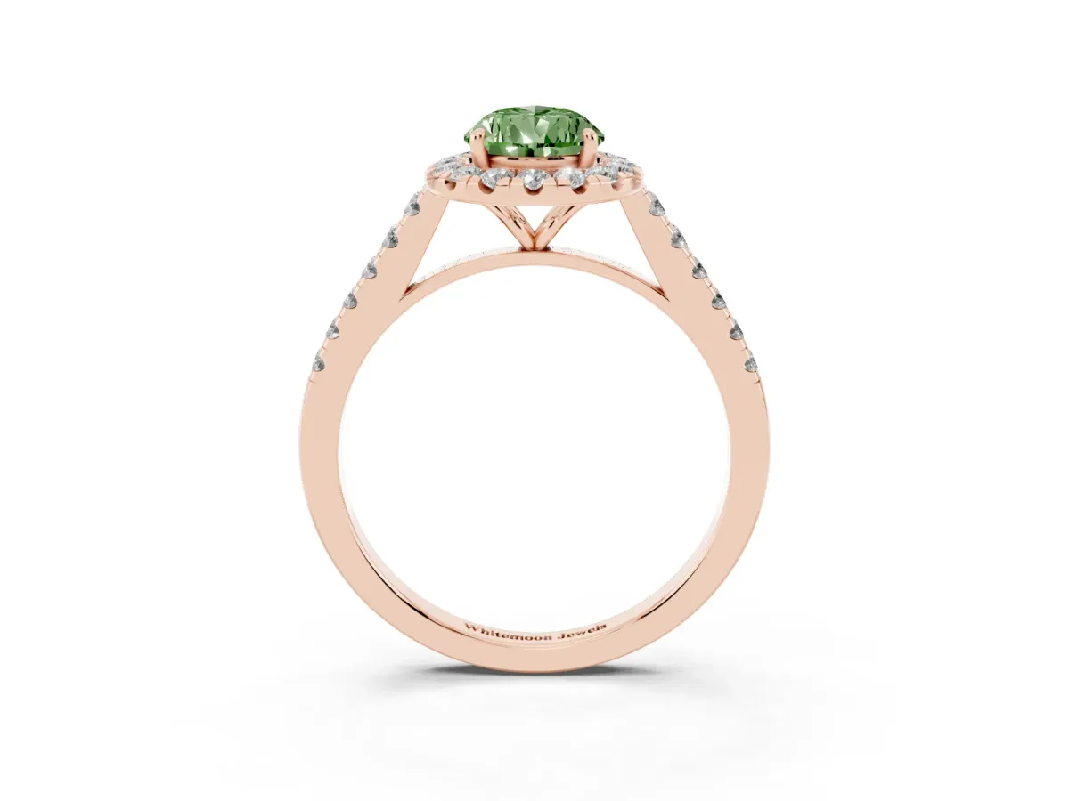 Fancy Green Pear Cut Halo Pave Diamond Engagement Ring with Four-Prong Setting Rose gold