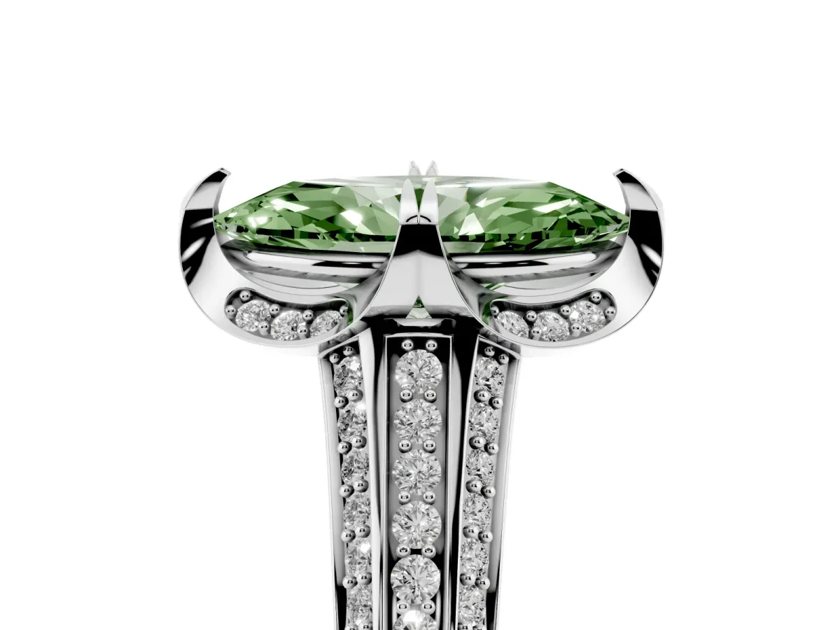 Fancy Green Marquise Cut Solitaire Pave Split Shank Ring with Four-Prong Setting White gold