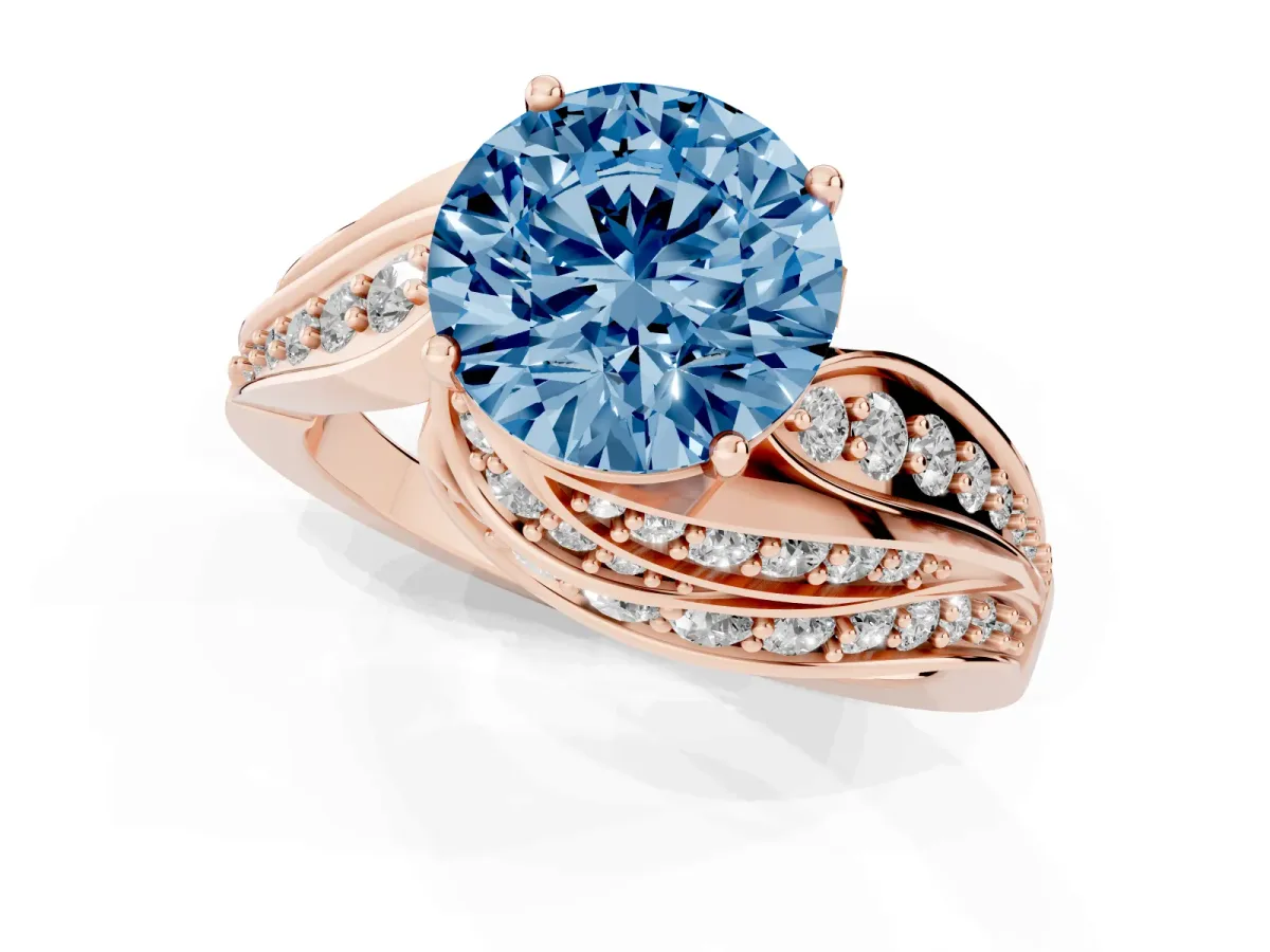 Fancy Blue Round Cut Diamond Solitaire Ring with Prong Setting and Twisted Pavé Band Rose gold
