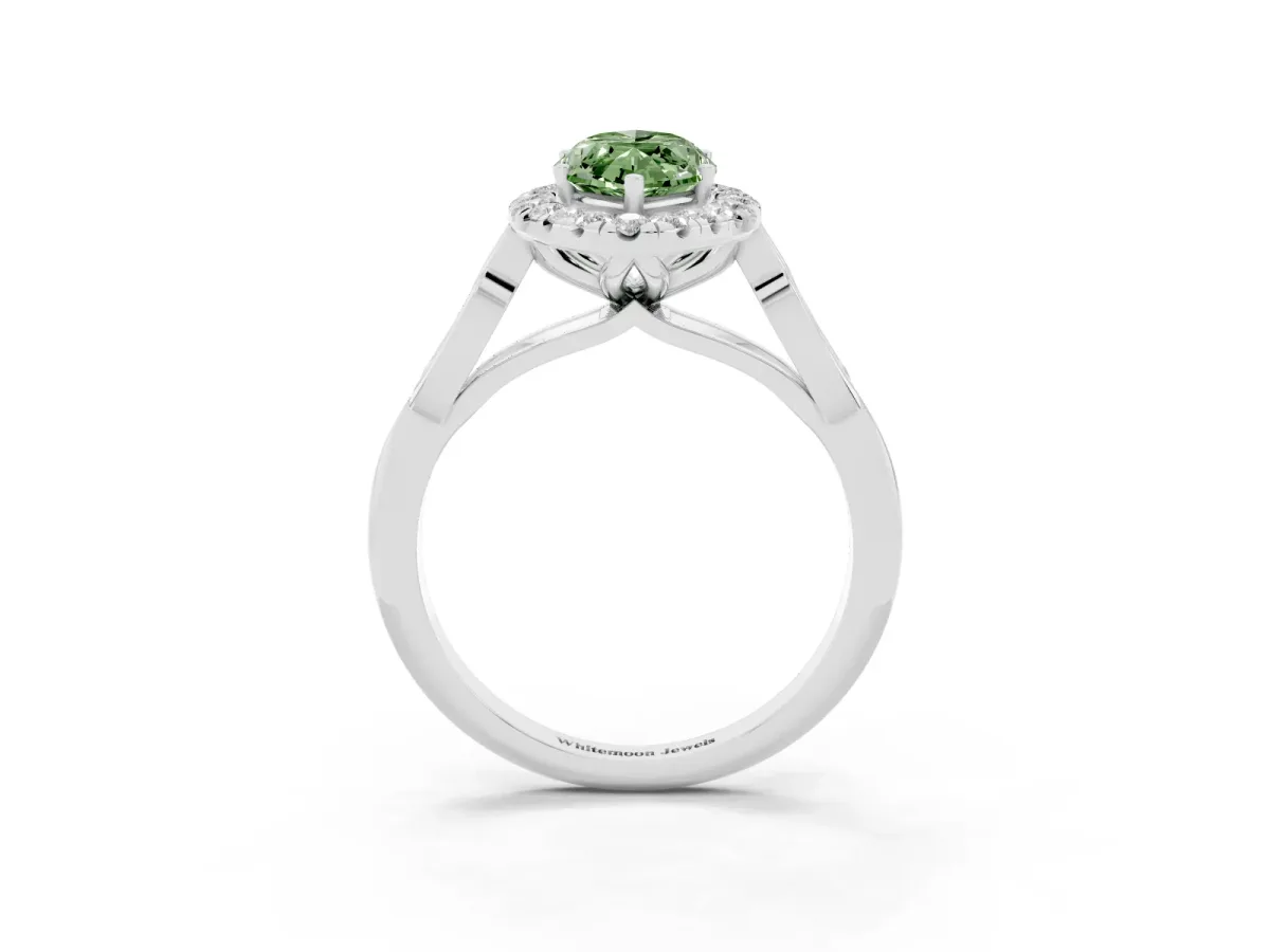 Fancy Green Marquise Cut Halo Diamond Engagement Ring with Filigree Band and Four-Prong Setting Silver