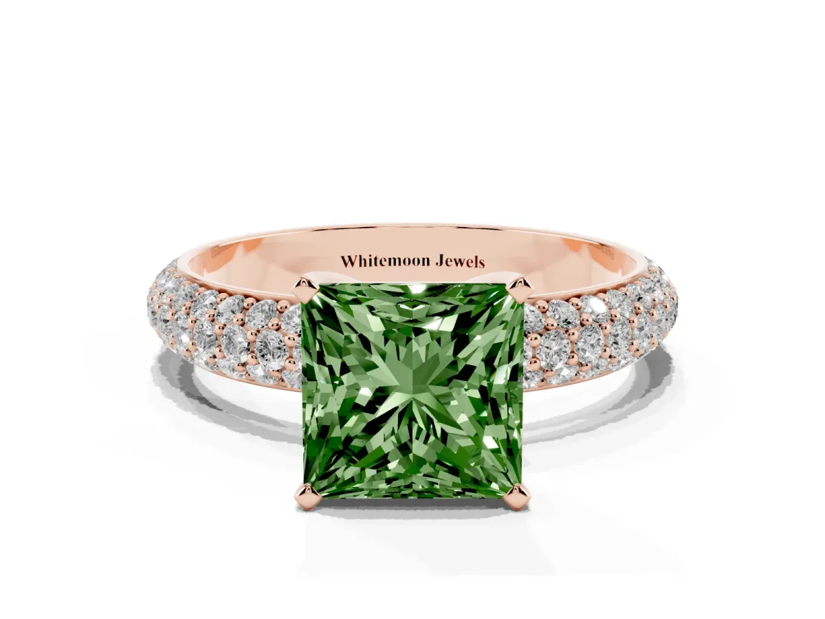 Fancy Green Princess Cut Diamond Solitaire Ring with Prong Setting and Pavé Band Rose gold