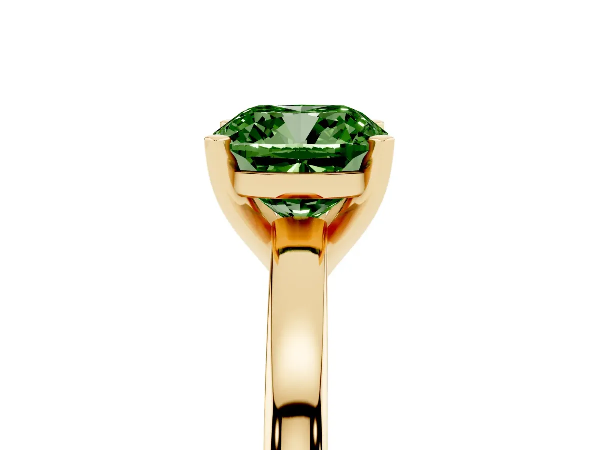 Fancy Green Cushion Cut Solitaire Diamond Engagement Ring with Four-Prong Setting on a Classic Band Yellow gold