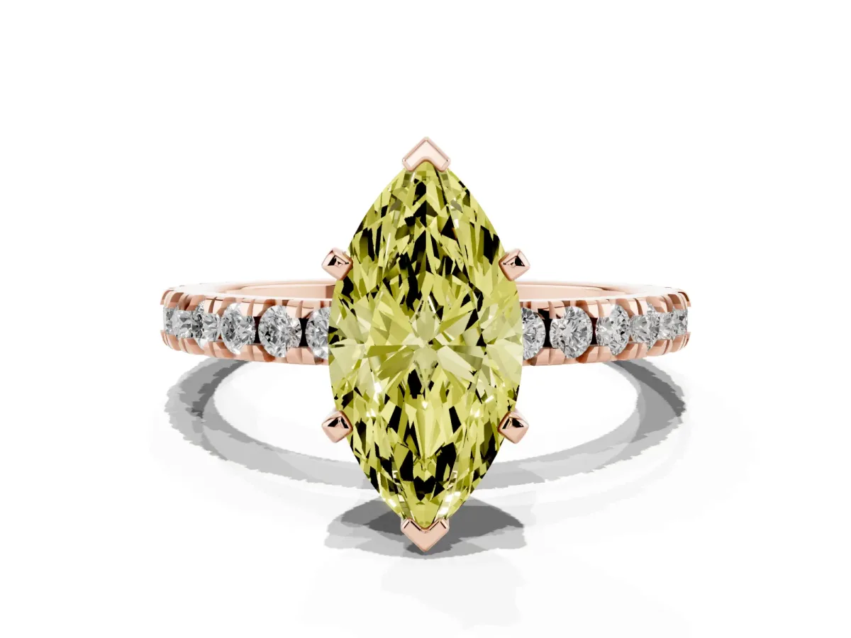 Fancy Yellow Marquise Cut Diamond Pavé Band Solitaire with Four-Prong Setting Rose gold