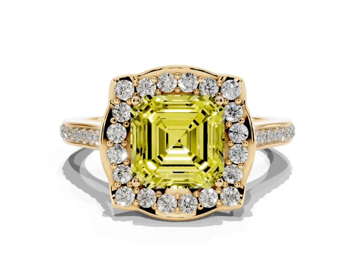 Fancy Yellow Asscher Cut Halo Round Diamond Pave Band with Four-Prong Setting Yellow gold