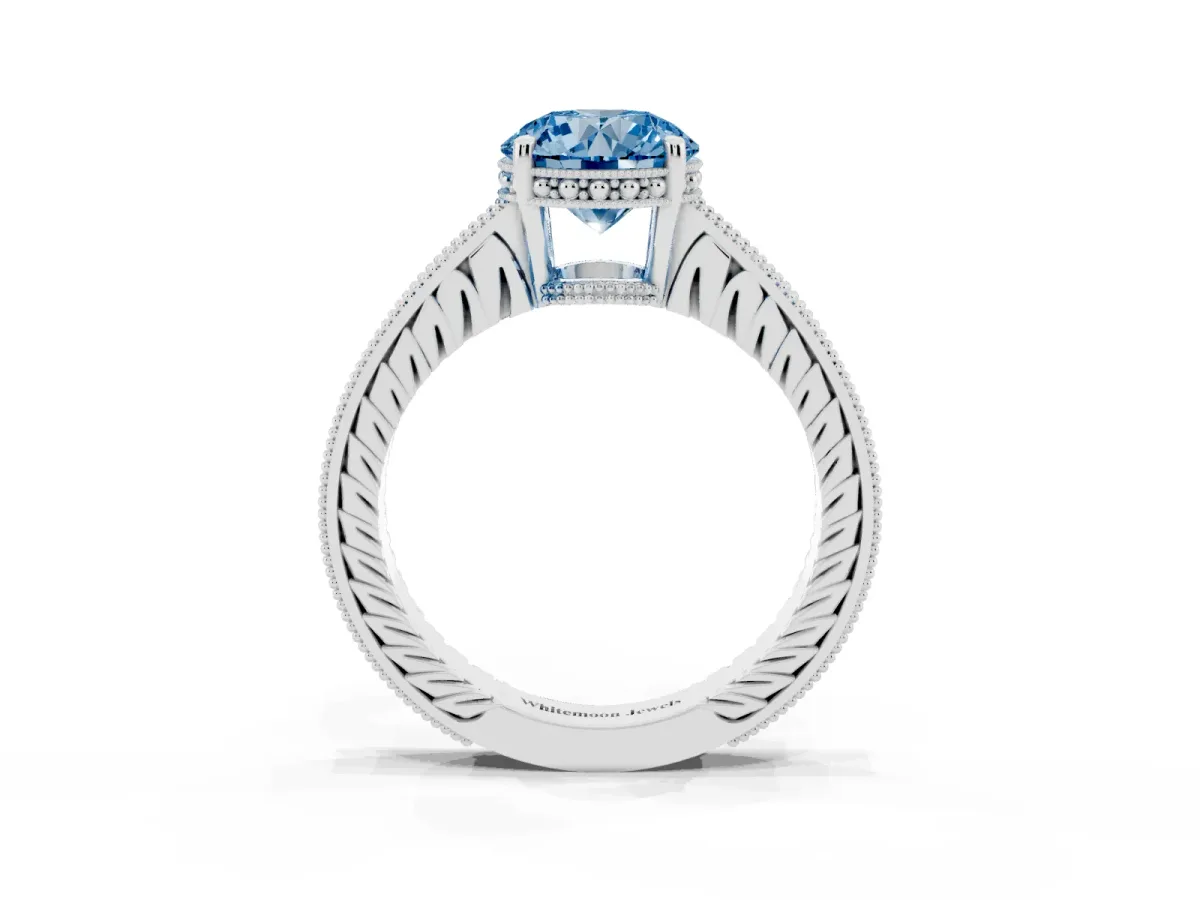 Fancy Blue Round Cut Solitaire Pavé Diamond Milgrain Engagement Ring with Four-Prong Setting Silver