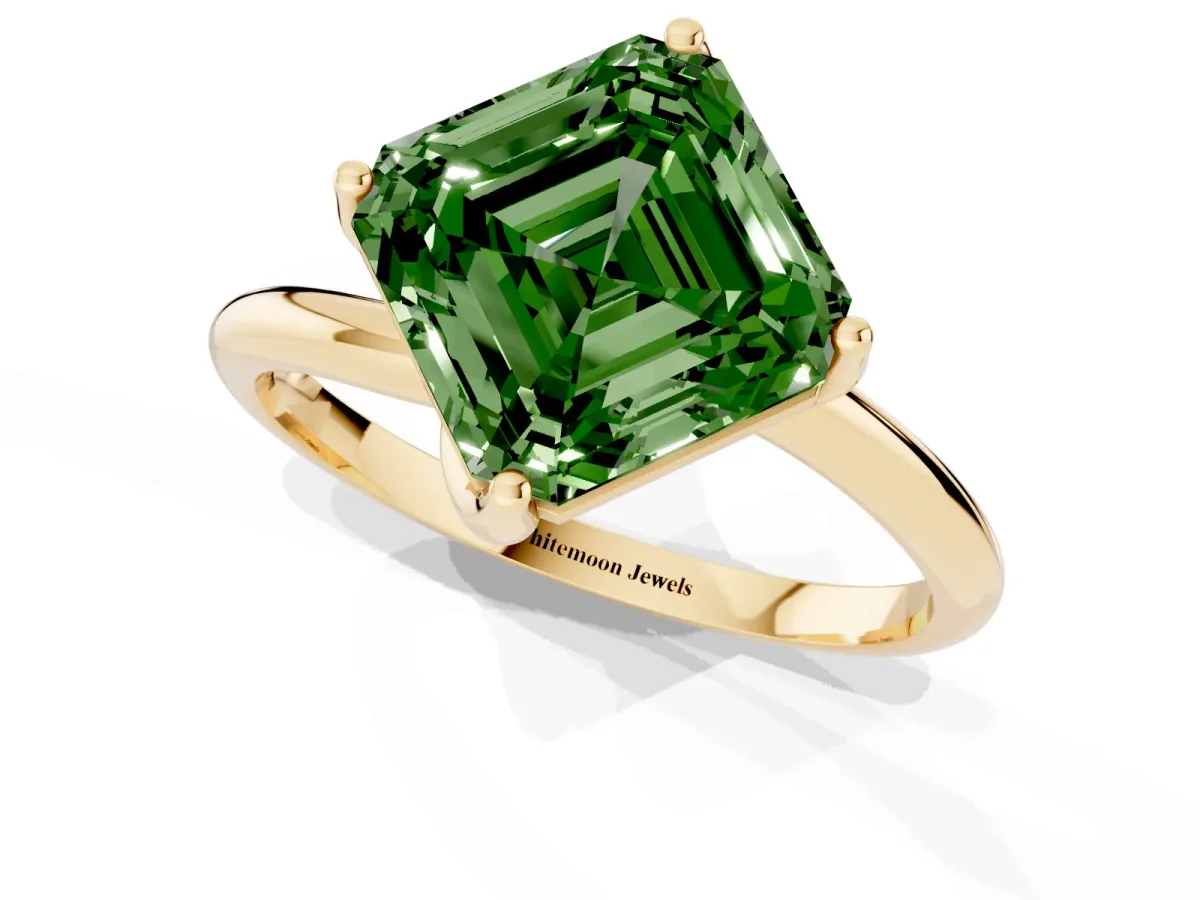Fancy Green Asscher Cut Diamond Solitaire Engagement Ring with Four-Prong Setting and Classic Band Yellow gold