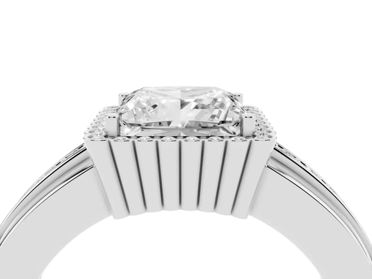 Princess Cut Cut Halo Pave Band Four-Prong Ring Silver