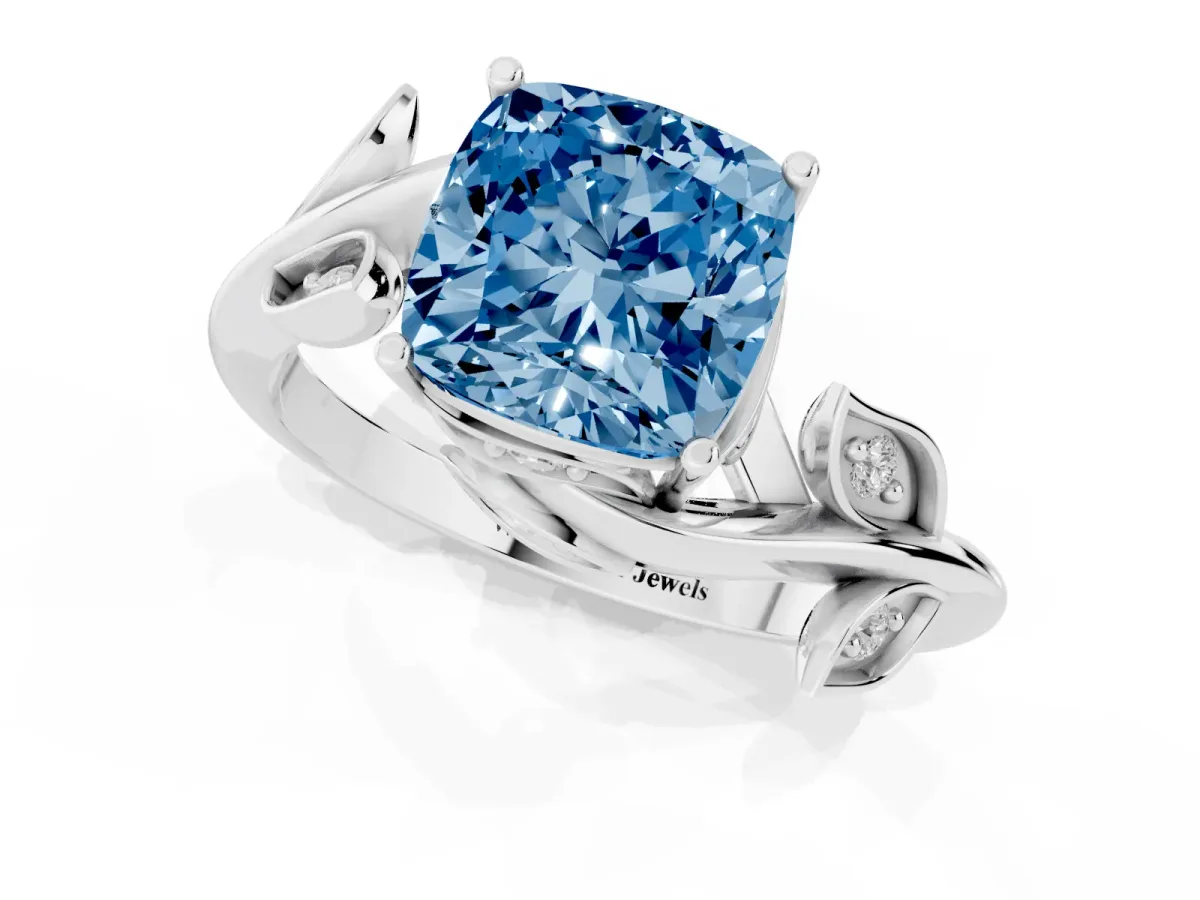 Fancy Blue Cushion Cut Solitaire Twist Engagement Ring with Leaf Accents and Prong Setting Platinum