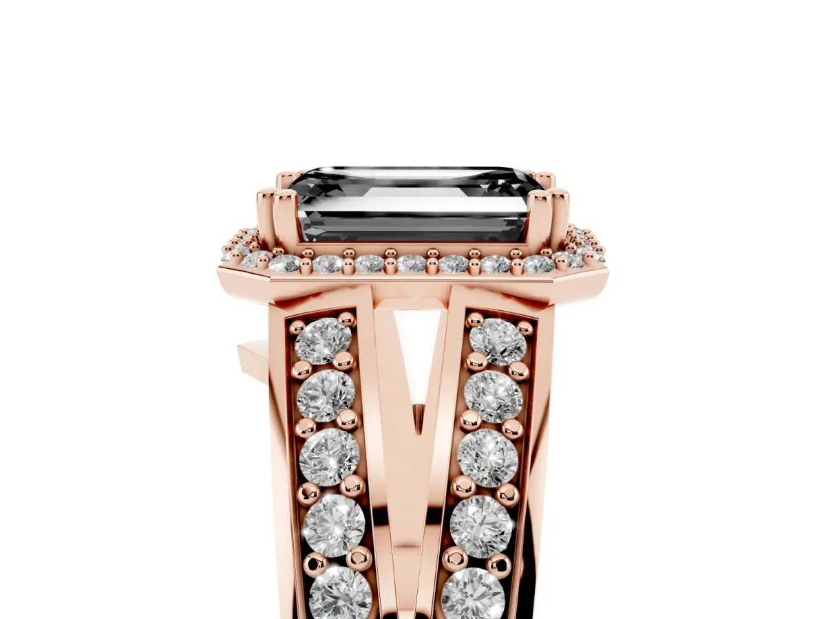 Fancy Black Emerald Cut Diamond Halo Ring with Split Shank Pavé Band and Four-Prong Setting Rose gold