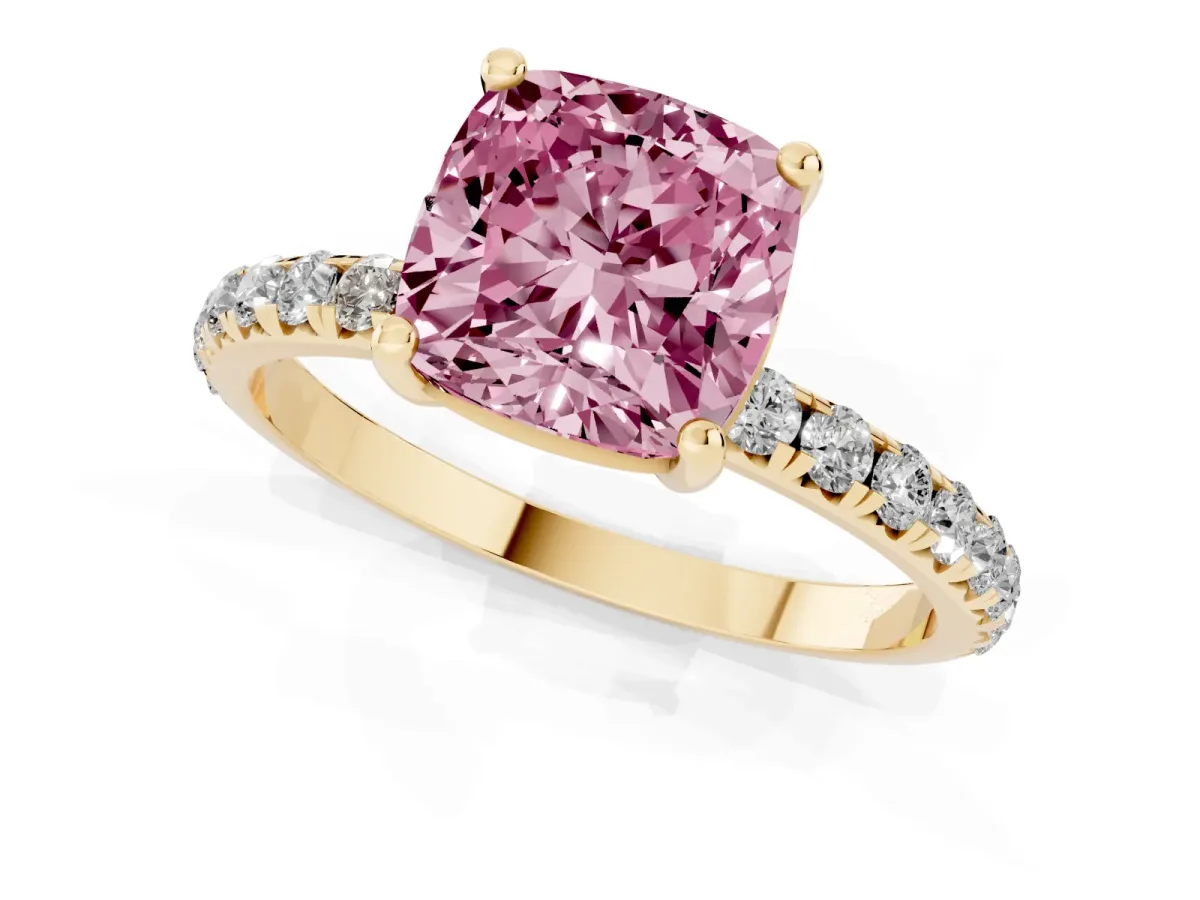 Fancy Pink Cushion Cut Cut Diamond Solitaire Ring with Micro Pave Band and Four Prong Setting Yellow gold
