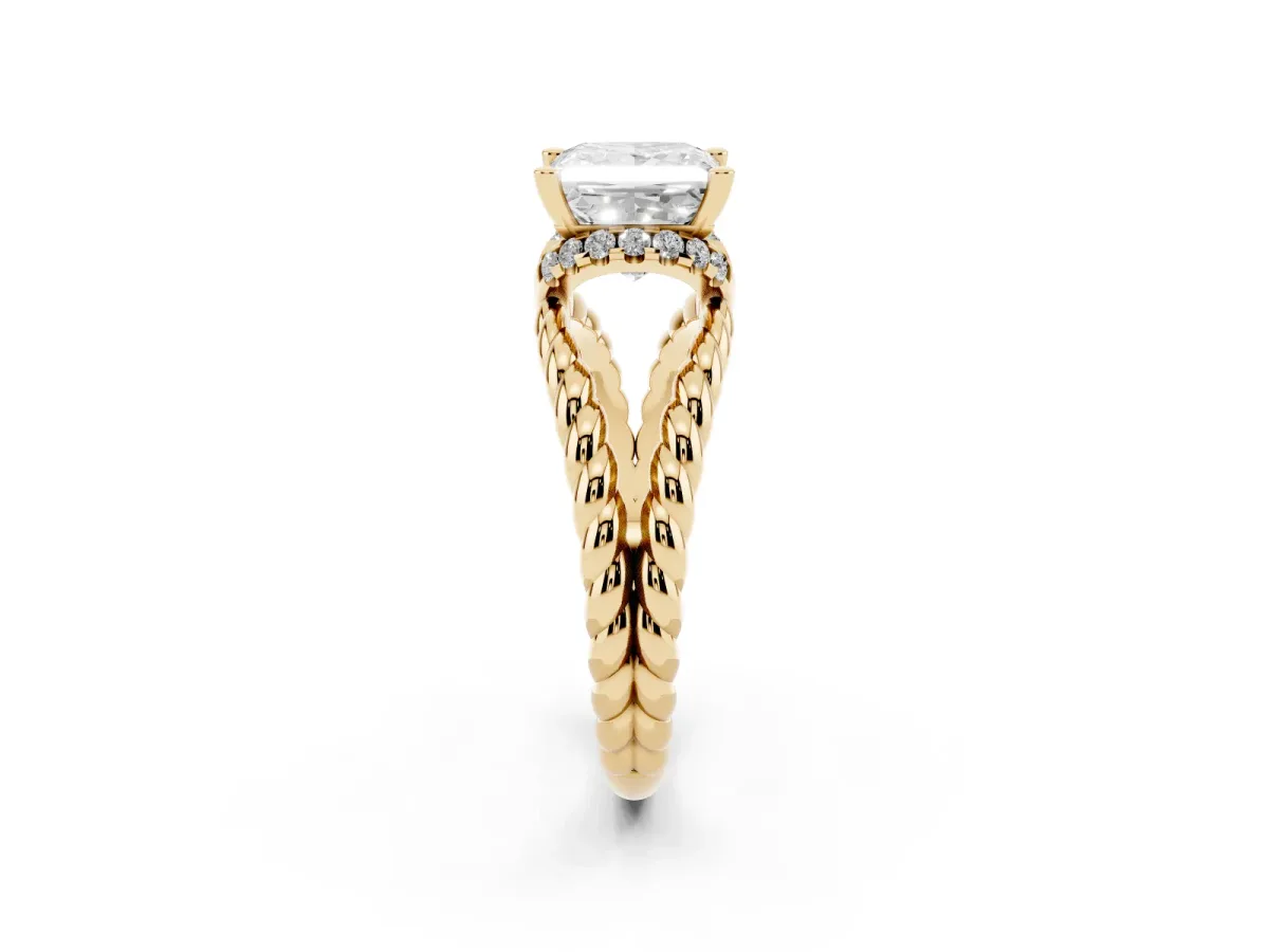 Princess Cut Halo Twisted Band Four-Prong Ring Yellow gold