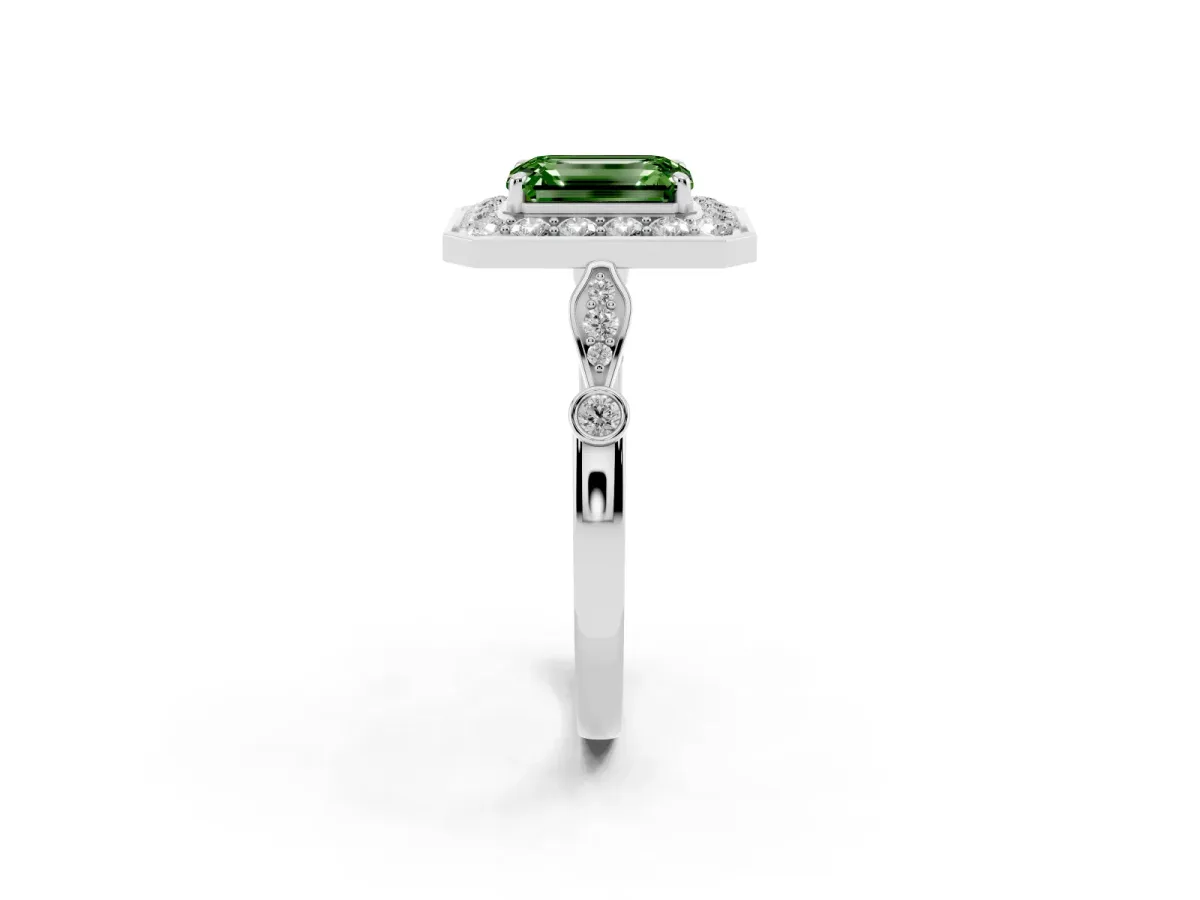 Fancy Green Emerald Cut Halo Diamond Engagement Ring with Twisted Band and Four-Prong Setting White gold
